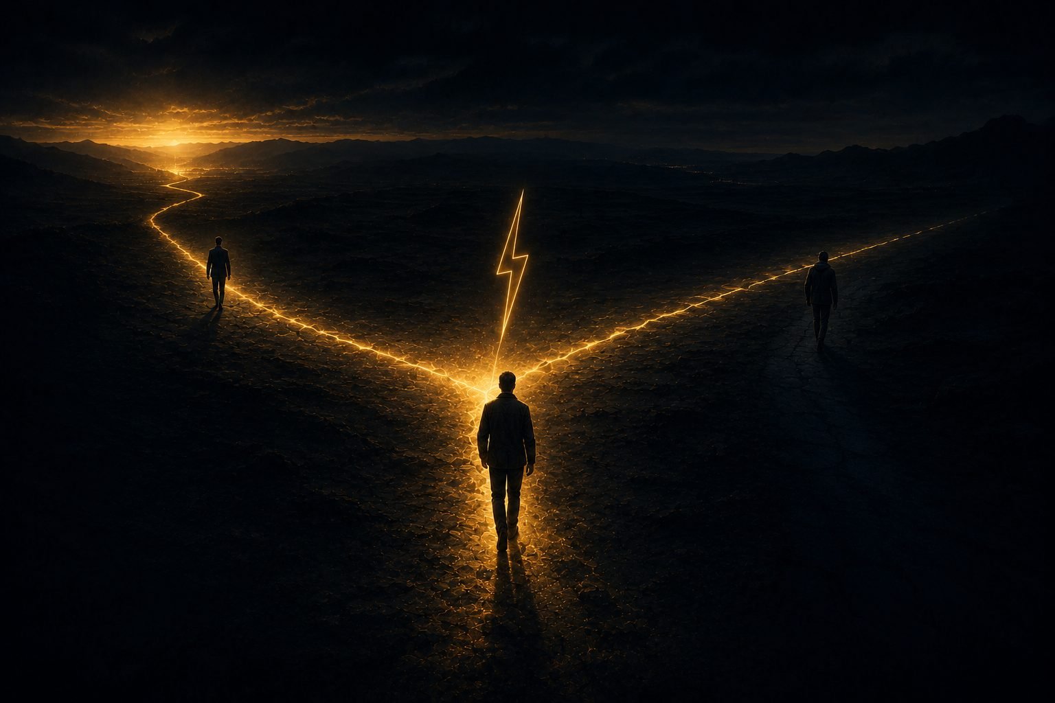 A leader at a fork in the road, illuminated by a thunderbolt
